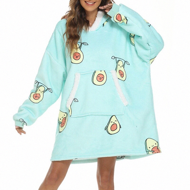 

women's Warm Gift Pajamas Nightgown Hoddie Blanket Home Daily Bed Spa Basic Print Avocado Fruit Flannel Plush Simple Soft Plush Robe Fall Winter Hoodi 48VV#, Light green