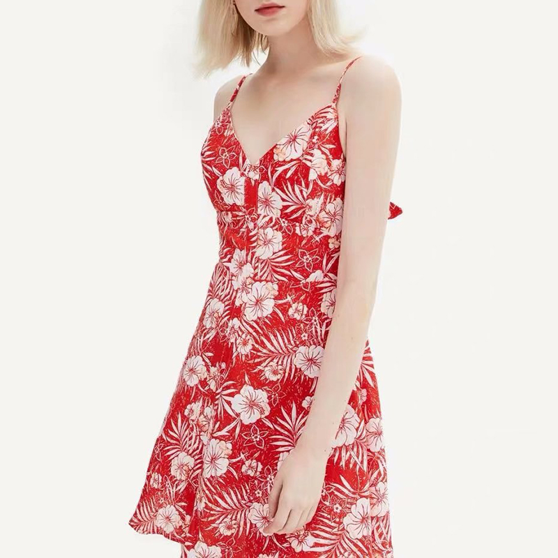 

Women Summer Print Floral Mini Dress Vintage Hollow Out Female Spaghetti Strap Dress Casual Holiday Lady Beach Dress, Black;gray