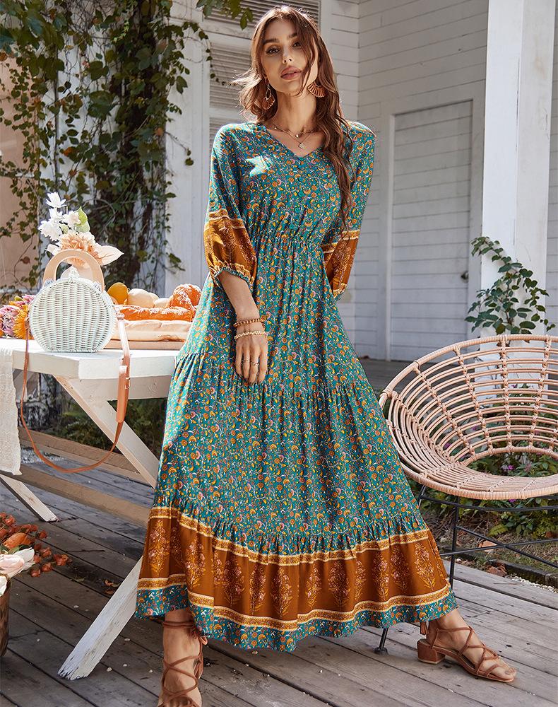 

Casual Dresses Khalee Yose Floral Printed Maxi Dress Boho Vintage Spring Summer Chic Women V-neck Sexy Holiday Ladies 2022, Black;gray