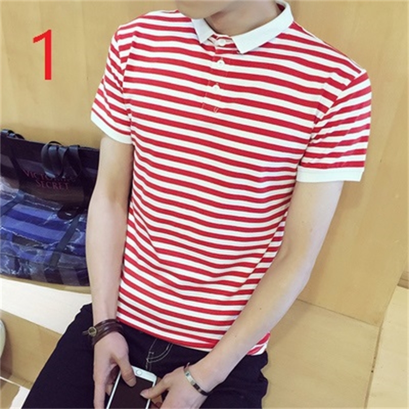 

2021 New Summer Men's Collar Red and White Horizontal Stripes Short-sleeved T-shirt Trend Small Lapel Korean R6yv
