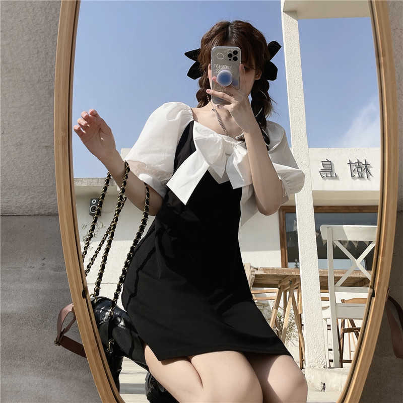 

French Vintage Dres Designer Black Puff Sleeve Mini Summer Square Collar Korean Gothic Clothes 210604, Short sleeve dress