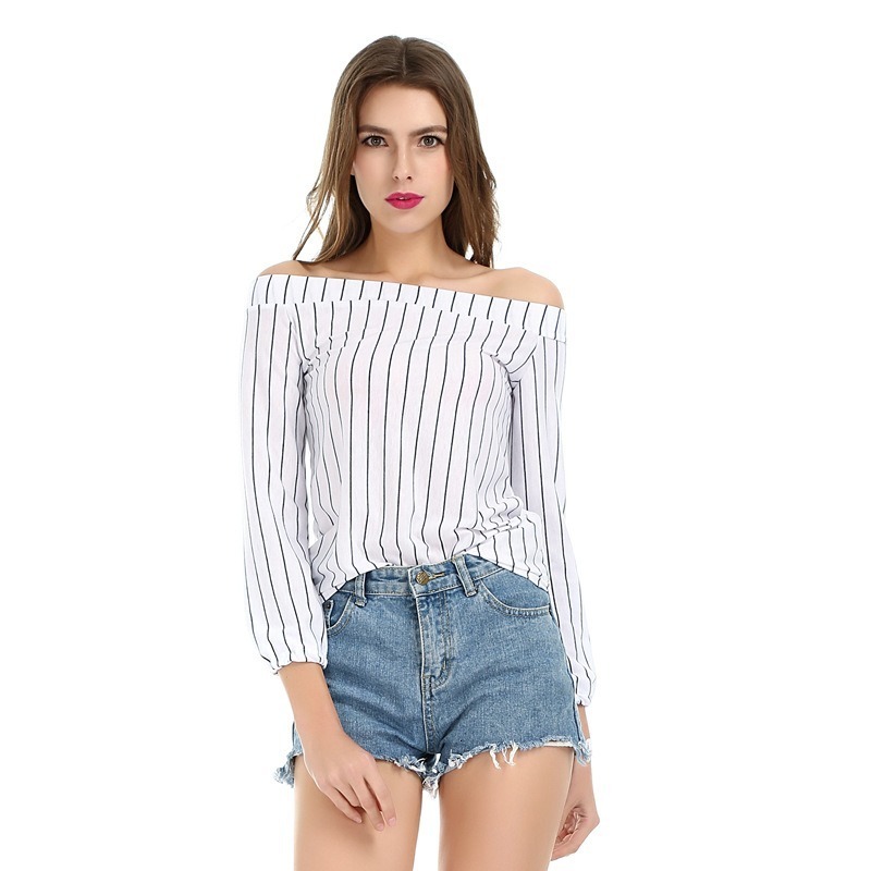 

2021 New Slash Neck Women Summer Blouse Female Striped Shirts Fahion Womens Tops and Blouses Off Shoulder Top Sexy Blusas R82v, Black