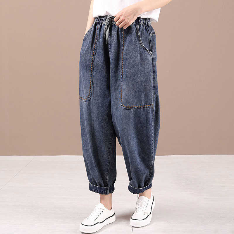 

Arrival Spring Arts Style Women Elastic Waist Casual Loose Vintage Blue Jeans Big Pocket Cotton Denim Harem Pants V324 210608