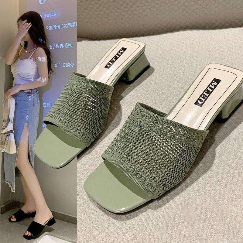 

Slippers Sandals And Women's Outer Wear 2021 Summer Fashion Square Toe High Heels Half Shoes, Beige