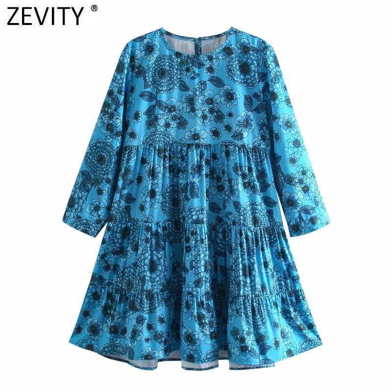 

Zevity Women Vintage Totem Floral Print Casual Kimono Mini Dress Female Sweet Three Quarter Sleeve Pleats Vestido Dresses DS8293 210603, As pic ds8293o