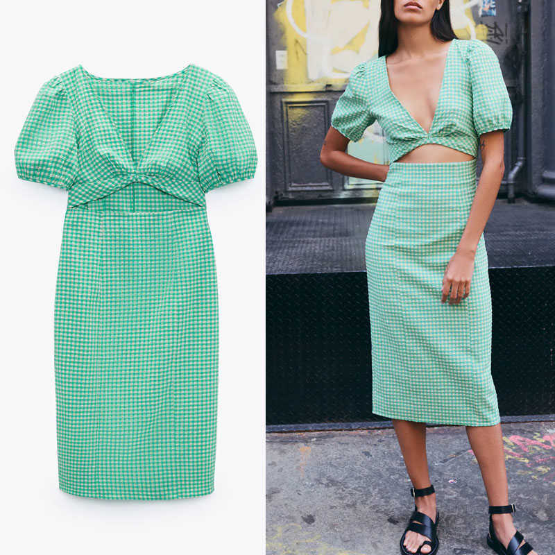 

Za Cut Out Plaid Green Dress Women Short Puff Sleeve Sexy Summer Long Dresses Chic Back Split Woman Vintage Beach Dress 210602