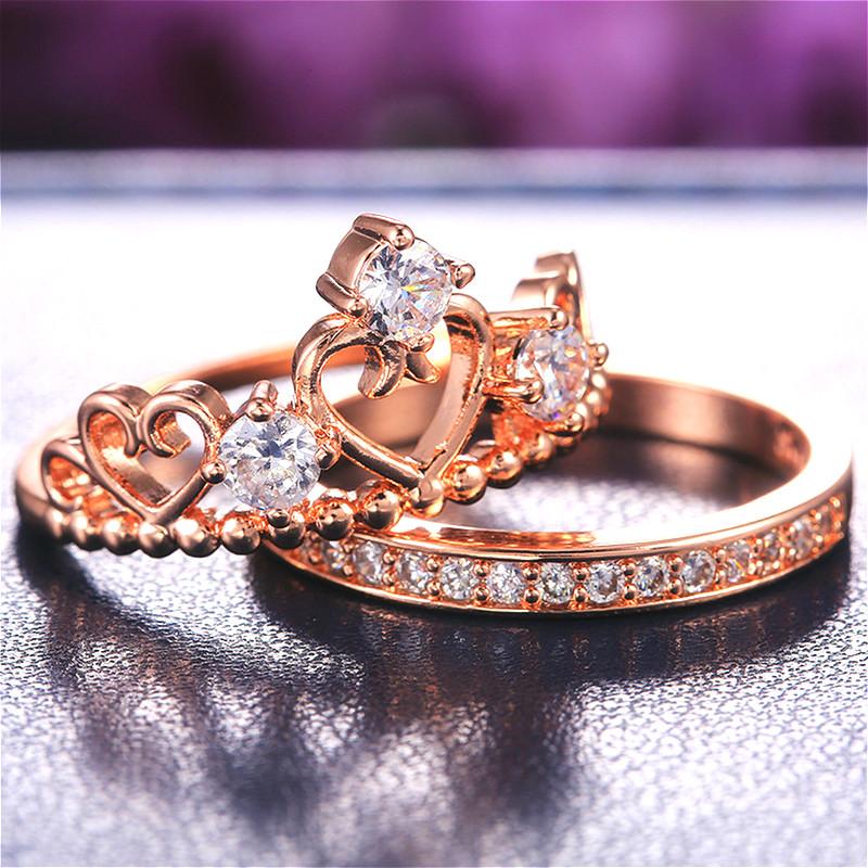 Wedding Rings Visisap Classic Ladies Crown Ring Set Iceout Rose Gold Color For Women Gifts Fashion Jewelry Wholesale F388-image-705134034