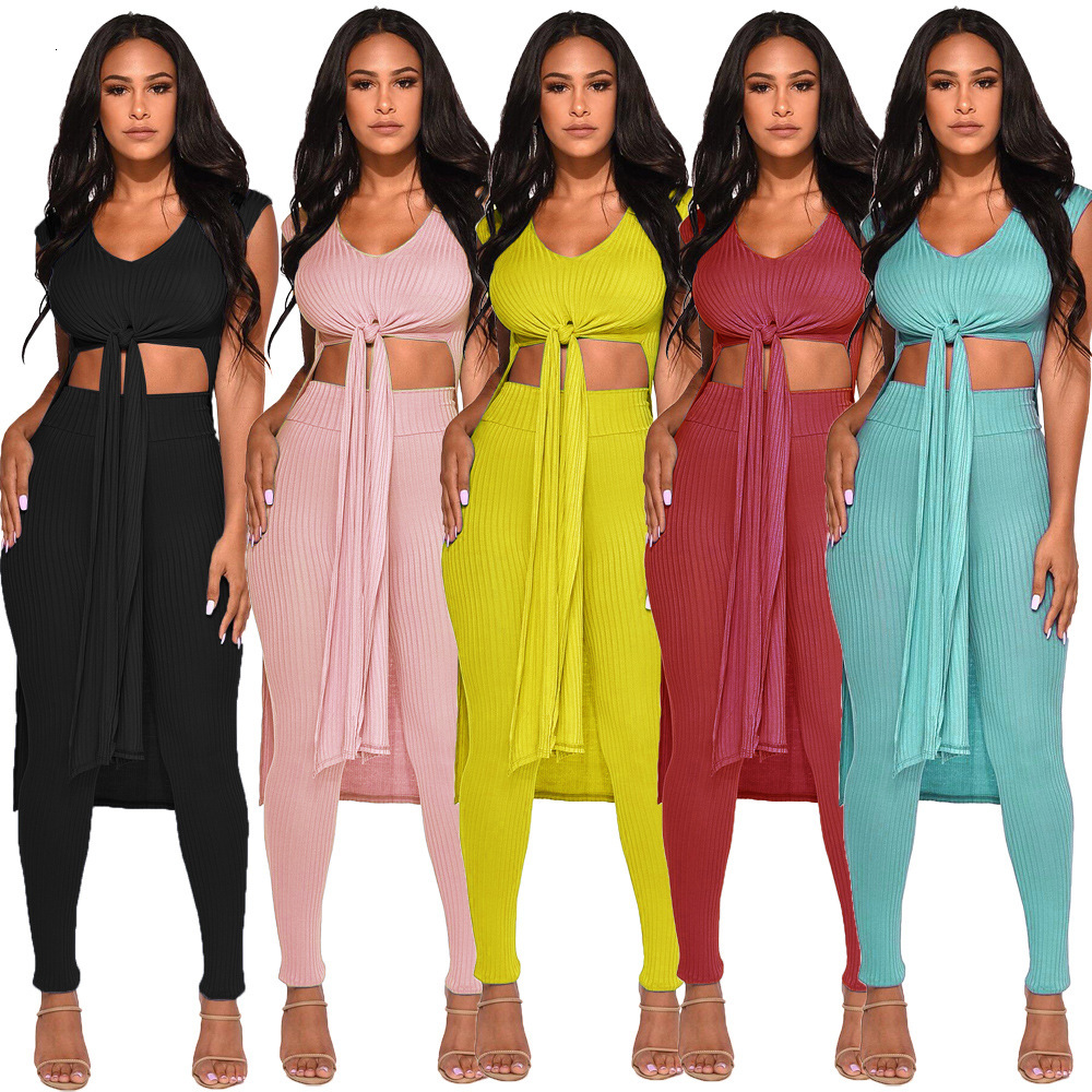 

2021 New Women Knitted Tie Up Sleeveless Long Back Irregular Sweaters Top Ny Pants Suit 2pcs Set Vintage Tracksuit Outfit Vpev, As shown