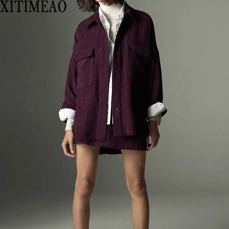 

ZA Women Autumn Retro Loose Corduroy Blouse Lapel Long Sleeve Casual Mid-Shirt Blouse+High Waist Skirt Two Piece Set 210602