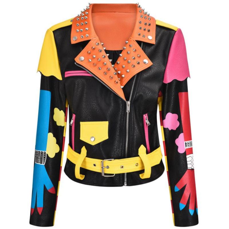 

Women's Leather & Faux Autumn Fashion Graffiti Color Matching Print Punk Style Street Jacket Rivet Women Short Coats With Belt, Picture