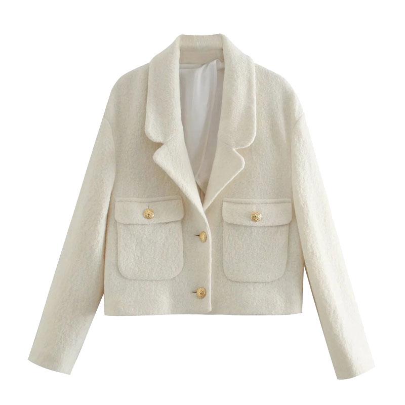 

High Quality Women Fashion With Pockets Tweed Cropped Blazer Coat Vintage Long Sleeve Metal Buttons Female Outerwear Chic Tops, As pic