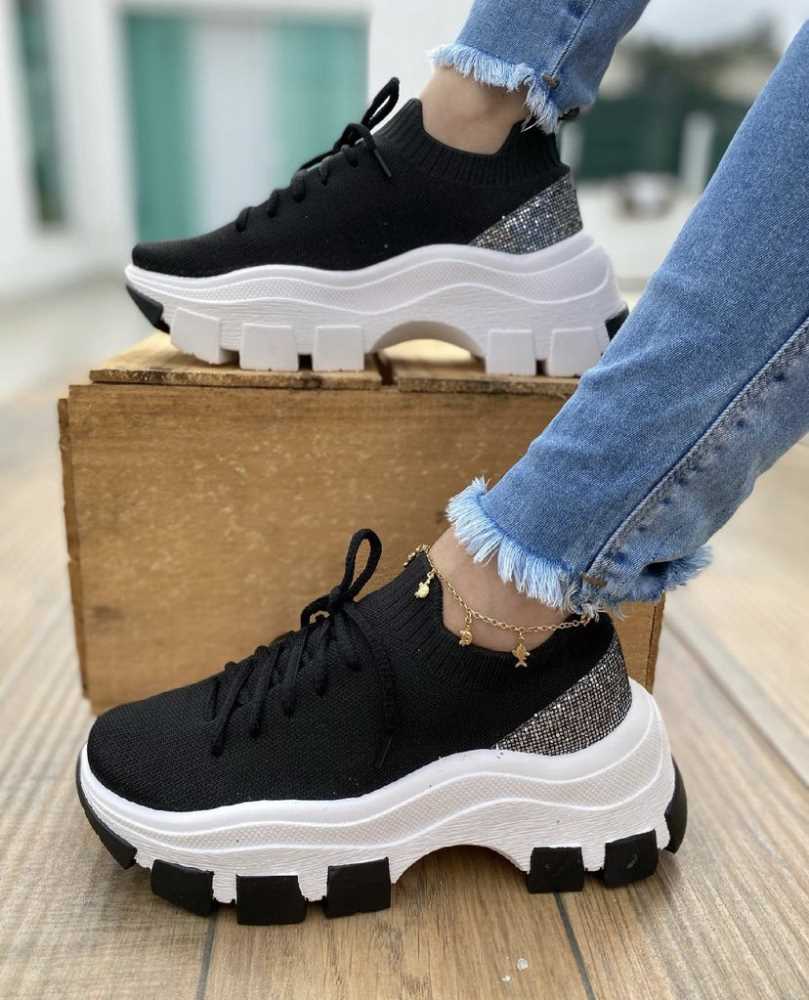 

Height Increasing Women Thick heel Platform Shoes Lace-up Knitting Sock Boots Work out Sport Footwears, Black;white