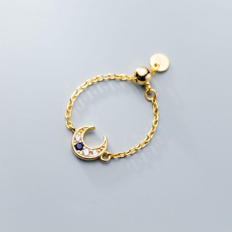 Cluster Rings Real 925 Sterling Silver Zircon Moon Ring Gold Chain Adjustable For Women Finger Fine Jewelry Female Girls Gifts Wholesale-image-705099399