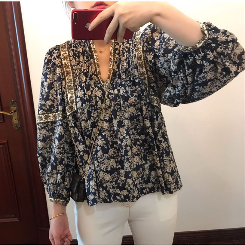 

2021 New Primavera Vero Feminino Floral Impresso Blusa Com Decote Em v Vintage Manga Longa Feminina Camisa Solta 5mtj, Black