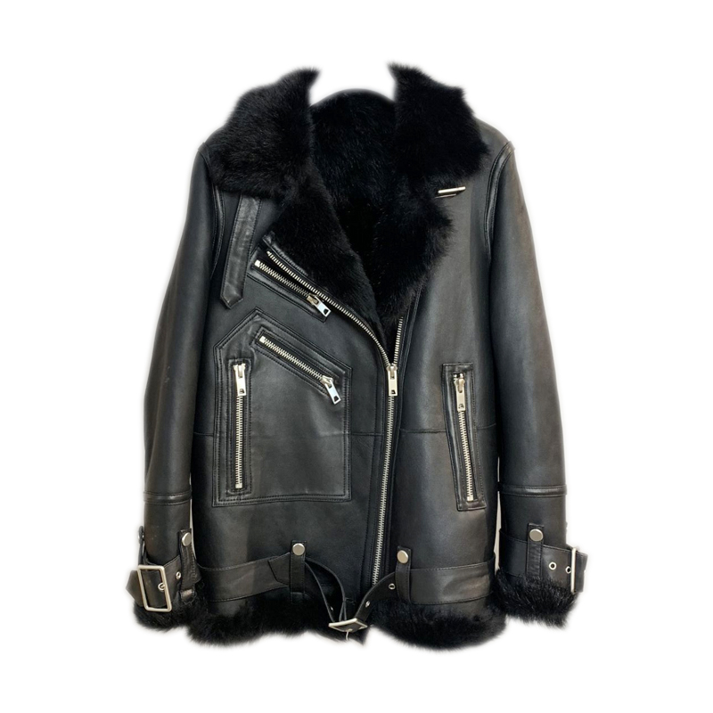 

Genuine Leather Natural Sheep Shearling Fur Coat Winter 100% Sheepskin Coat Female Bomber warm fur leather Jackets, Black