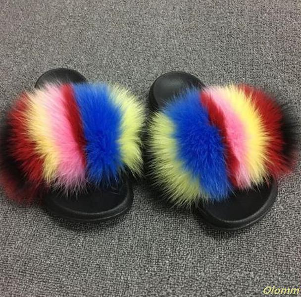 

2021 sweet lady puffer shoes size 36-41 cute fox slippers lady fur household fluffy rollers plush fluffy yes winter flat shoes, Black