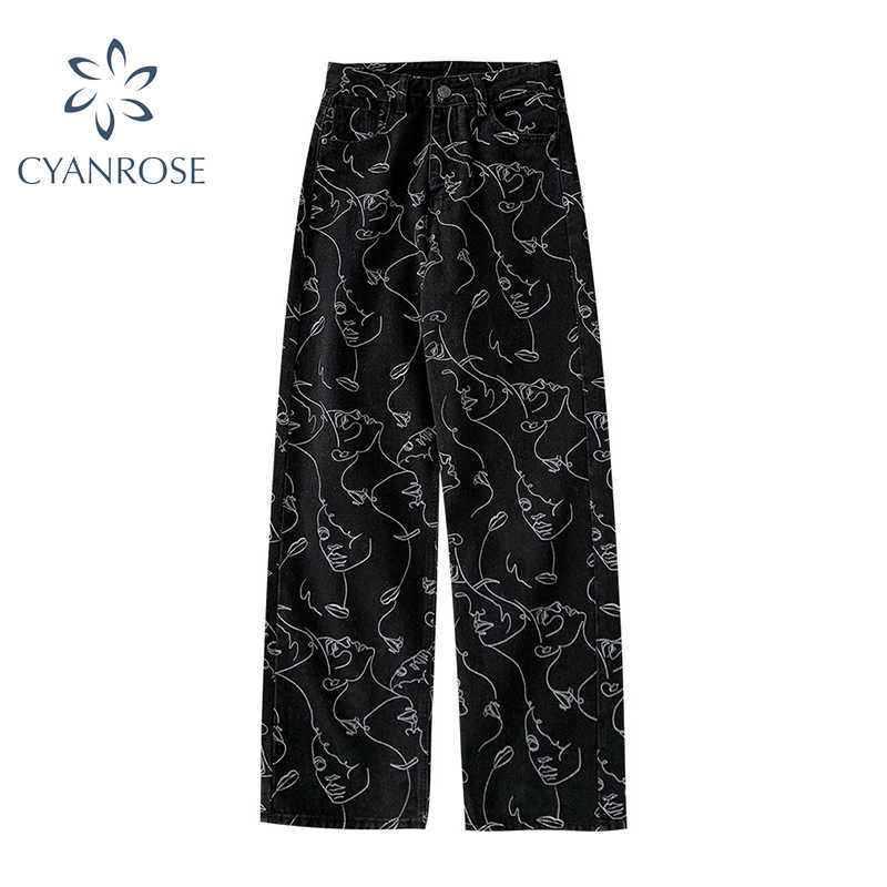 

High Waist Jeans Woman Plus Size Street Style Abstract Print Denim Pants Cotton Loose Coated Vintage Washed Boyfriend Jeans 210616, Black