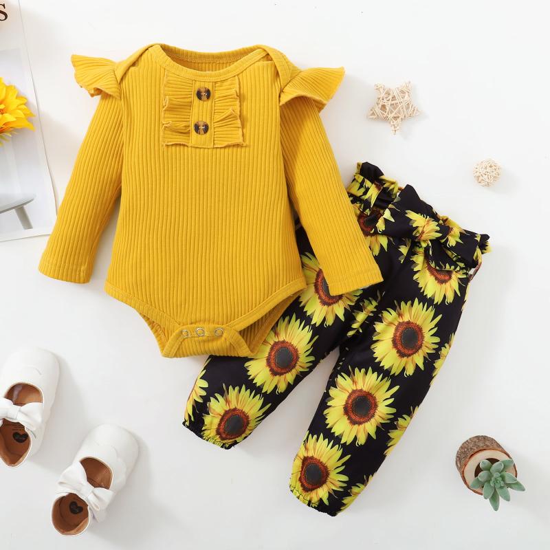 

Clothing Sets Autumn Baby Girls Ribbed Ruffles Sleeve Romper +Floral Printed Pants Winter Infant Outfits Children's Suit 3-18M, White