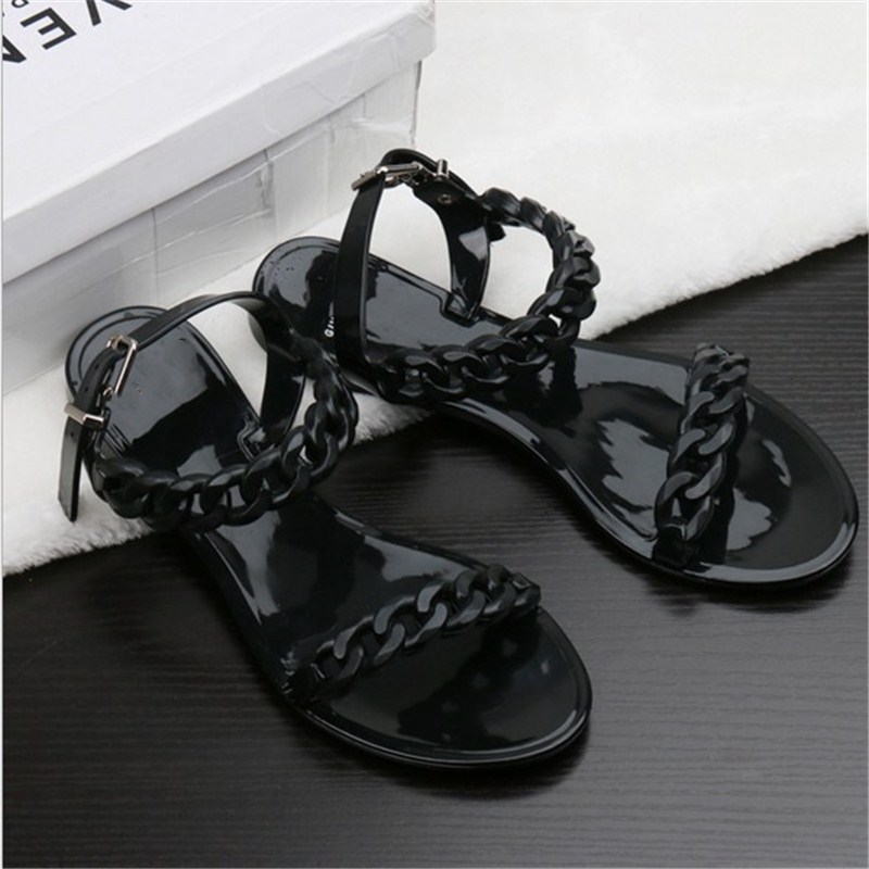 

New Summer Plastic Chain Beach Shoes Candy Color Jelly Sandals Chain Flat Bottomed Out Sandals, Black