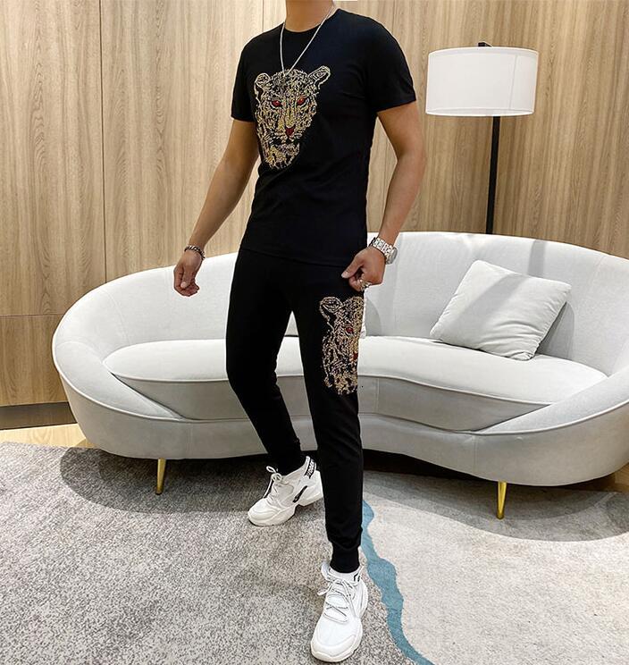 

100% Cotton Men Tracksuit Shirts 2021 New Designer Summer Top Hot Drilling Set for Man Fav7, Brown