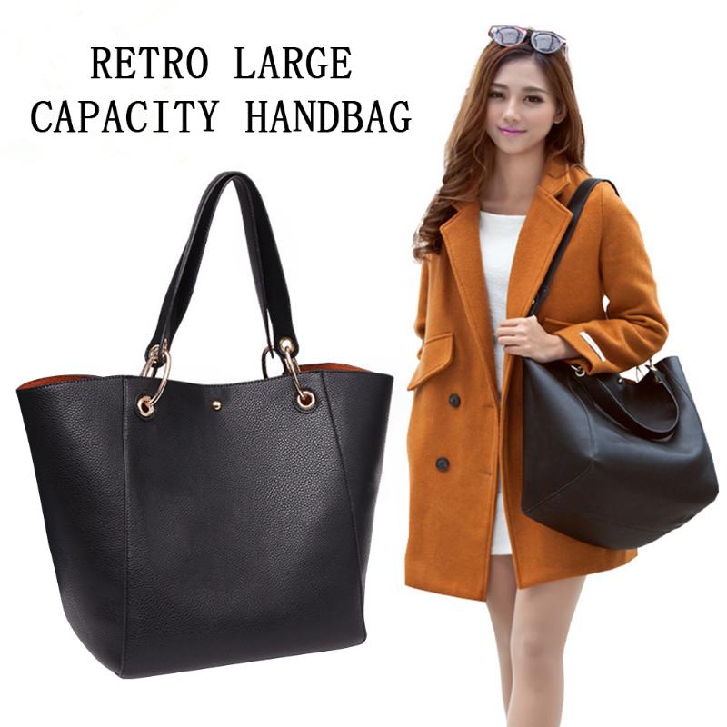 

Multi-functional Female Festival Gifts 2pcs/Set Solid Color PU Handbag Women Big Capacity Casual Lady Shoulder Clutch, Black