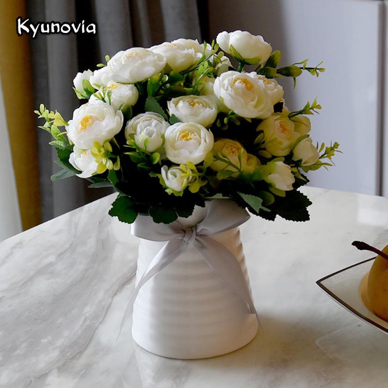 

Kyunovia Artificial Silk Penoy Ceramics vase With Flower Bouquet Camellia for Desk Office Home Wedding Flowers Decoration KY66, Milky white