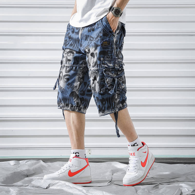 

2021 New Fitas Hip Hop Shorts Da Carga Dos Homens Preto Rua Casual Wear Calas Curtas Elsticas Muitos Bolsos Qazy