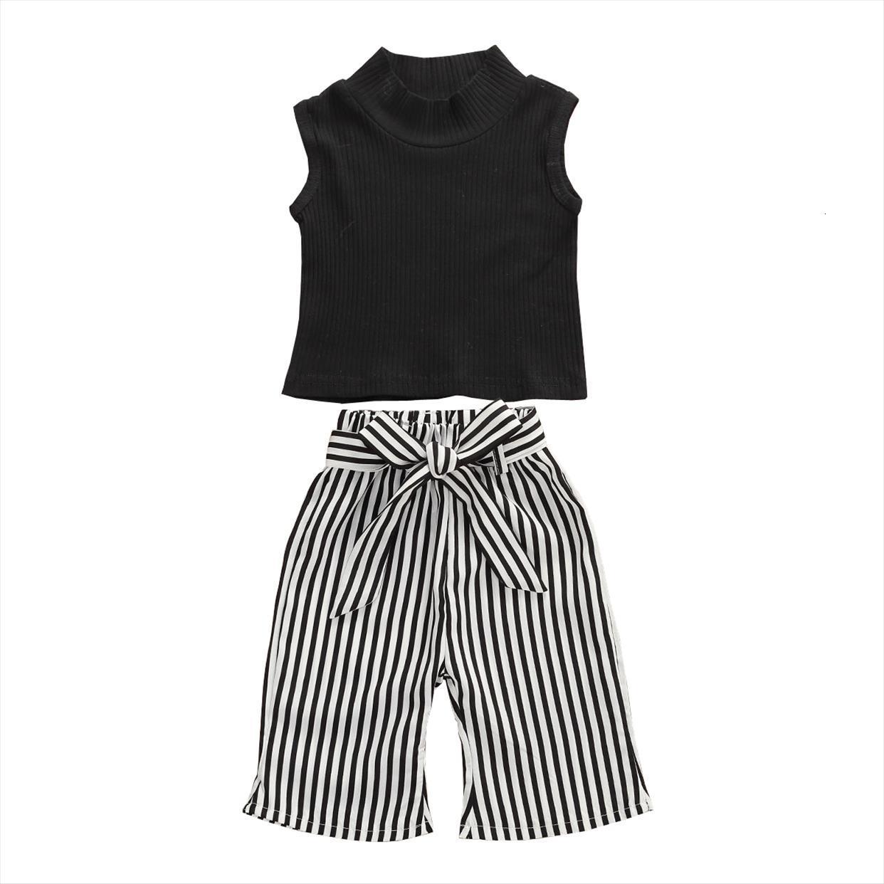 

1 4years kid baby girls sleeveless ribbed pullover vest and stripe waist lace up long pants, White