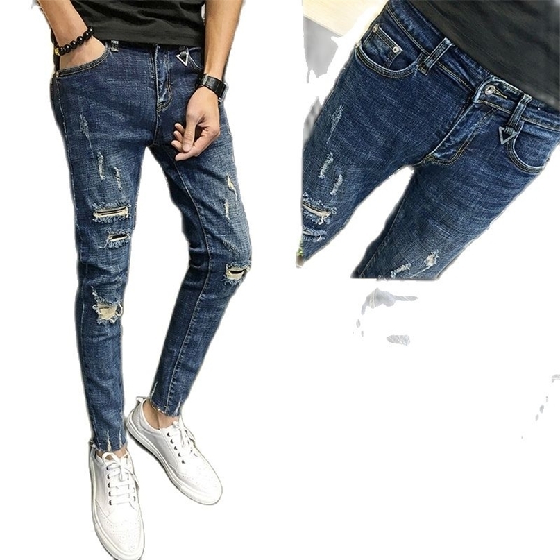 

Wholesale Fashion Denim Pants Men's Boys Small Feet Ripped Holes Cropped Jeans Thin Social Men Beggar pencil 211108, Blue