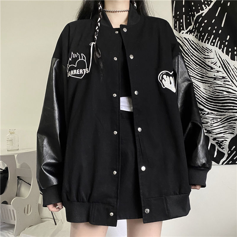 

Women's Fur & Faux Punk oversize outerwear female streetwear Korean vintage casual baseball uniform harajuku chic black jacket UM1Q, 1# shoe box