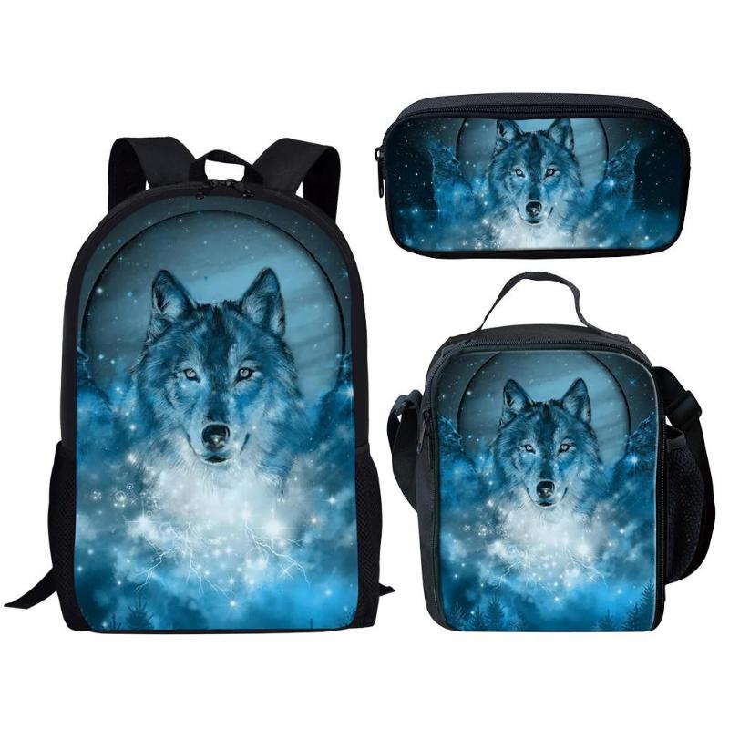 

School Bags 3Pcs/Set Shoulder Bag For Teen Kids Blue Wolf Cool Pattern Large Size Student Backpack Children Fashion Travel, Customized k