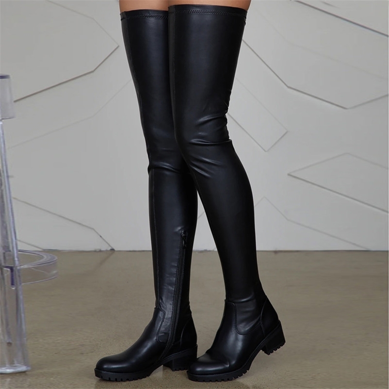 

Women Shoes Black Thigh High Boots Autumn Pu Leather Low Heel Comfortable Shoes Over The Knee Waterproof Boots Ladies Shoes 211012