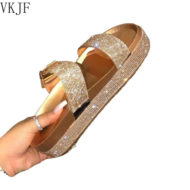

Slippers Silver Gold Glitter Women Summer Sequined Flip Flops Crystal Band Platform Sandalias Mujer Beach Slipper