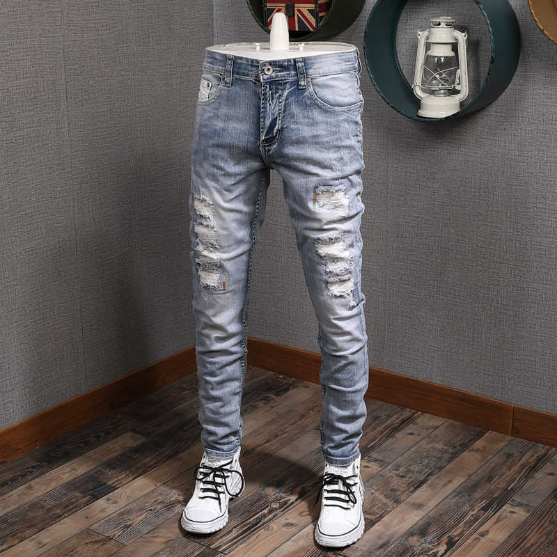 

Italian Fashion Men Jeans Light Blue Elastic Slim Fit Destroyed Ripped Denim Pants Patchwork Vintage Designer Hip Hop Trousers, Retro light blue