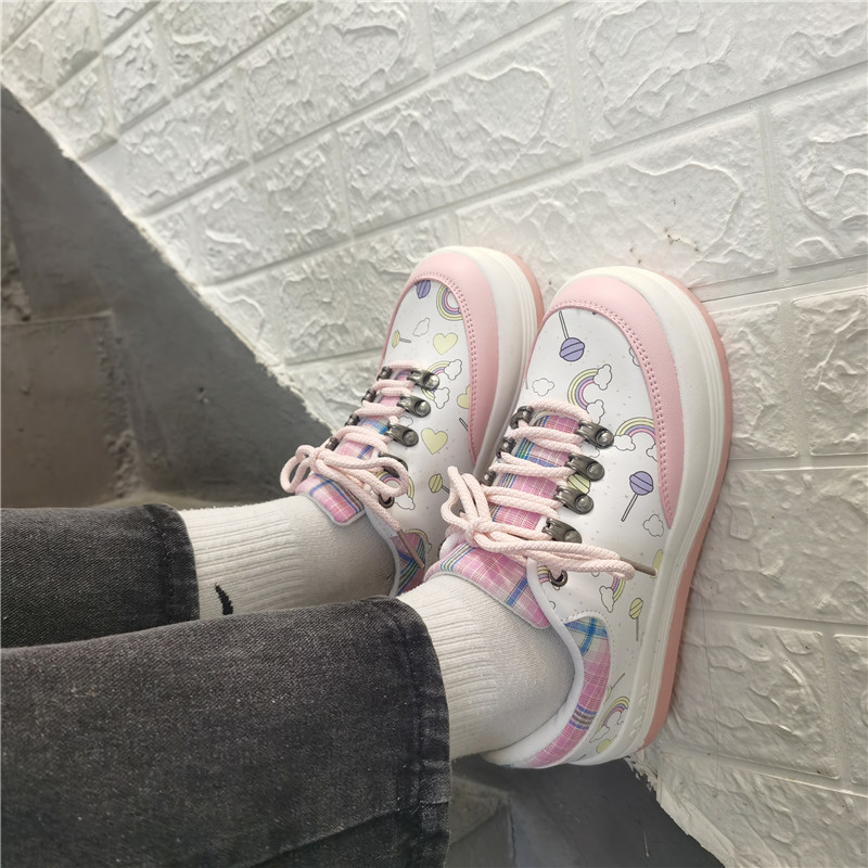

Spring New Original Rainbow Design Love Button White/pink Sweet Girl Lolita Sports Student Loli Women's Running Shoes Jlq0, Beige.