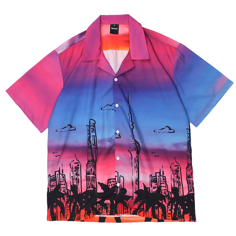 

2021 New Harajuku Sunset Trees Short Sleeve Casual Shirts Men and Women Lapel High Street Oversize Loose Hawaiian Shirt Fuv4, Red