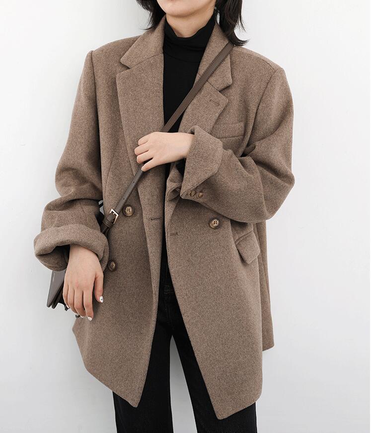 

Women' Wool & Blends Korean Blazer Autumn And Winter Long-sleeved Lapel Warm Loose Casual Office Elegant Park Button Coat Woman, Gray