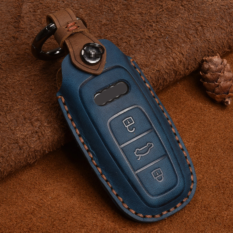 

Leather Car Key Cover Case for Audi A6 A7 A8 Q8 E-tron C8 D5 A8L A6L 2018 2019 2020 Cover Accessories Car Key Protection, Sky blue