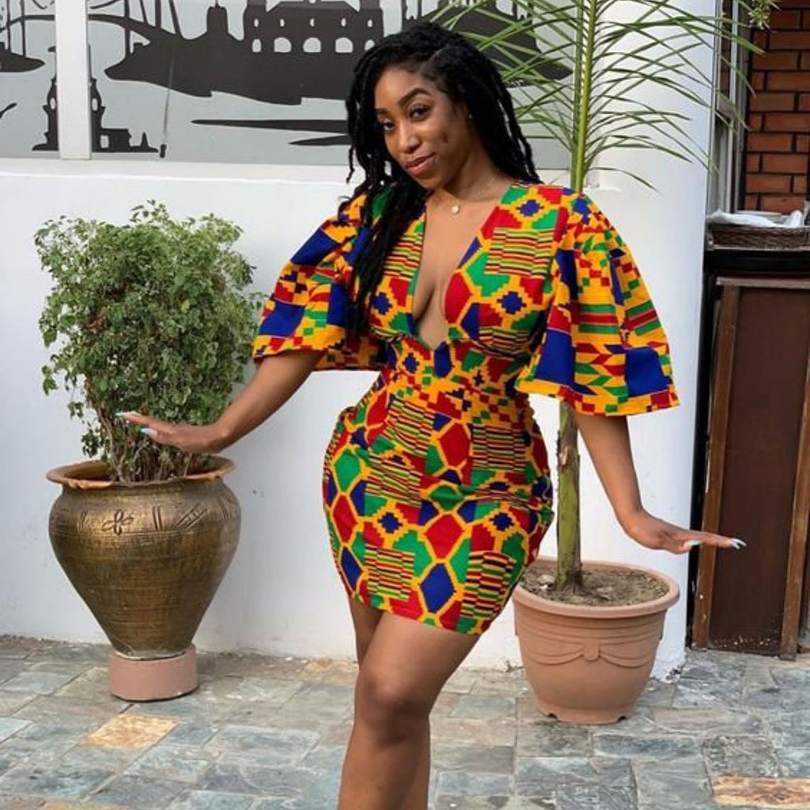 

African Dresses for Women Fashion Summer Deep V-neck Party African Short Sleeve Printing Dress Dashiki Robe Africa Clothes, Green