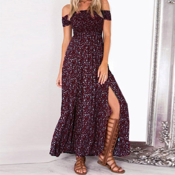 

2021 New Sexy Off Shoulder Long Women Summer Boho Floral Wrap Split Maxi Ladies Es Sun Robe Femme O4e7, Navy blue