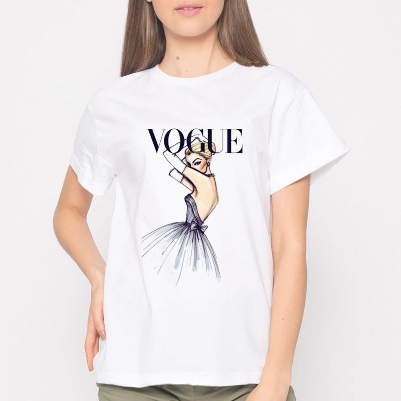 

cross-border women's wear vogue fashion princess series in european and american print white round-neck women's t-shirt