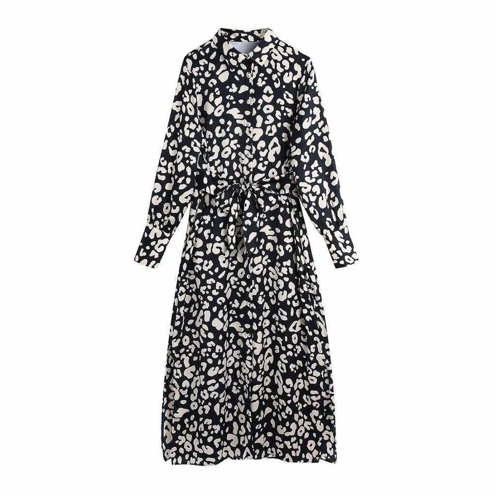 

Women Dress Printed Collared Belted Elegant Fashion Casual Midi Woman Dresses Femme Robe Ropa Mujer Vestidos 210709, As picture