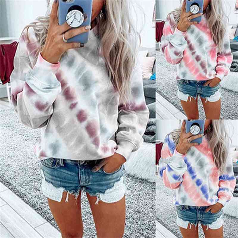 

Autumn new tie dye printed women' top loose large round neck casual sweater, Pink