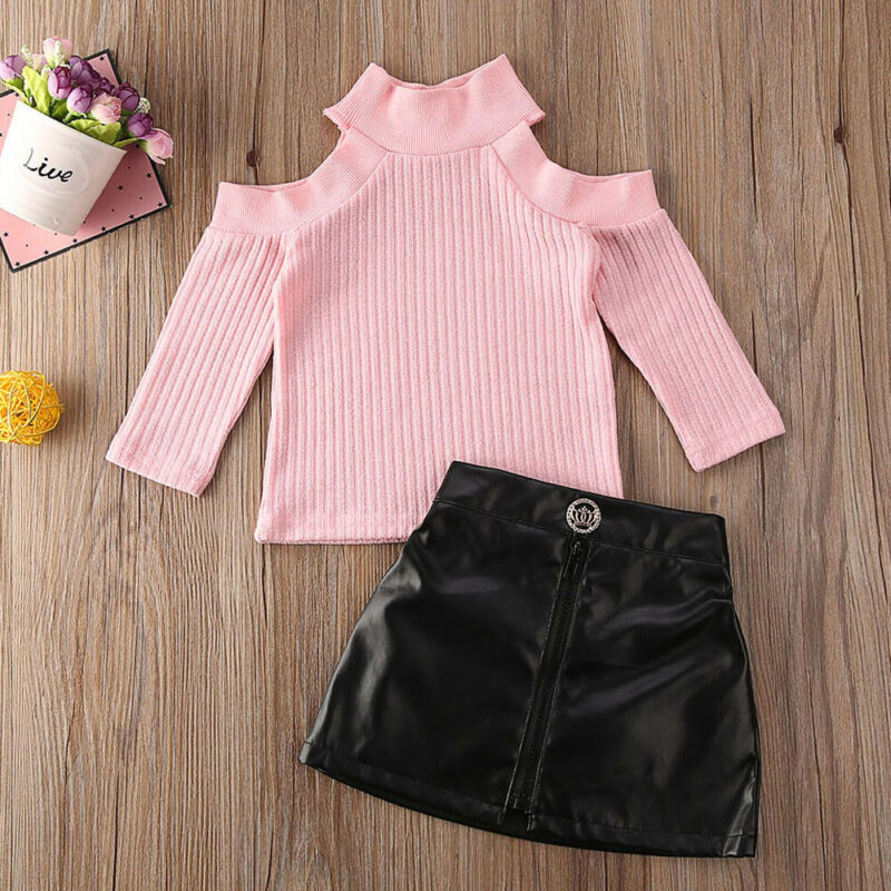 

1-5Y Infant Baby Girls Long Sleeve Off Shoulder Pullover Sweater Kid Knit Tops Girl PU Skirt Children Outfit Kids Clothes Sets, Pink