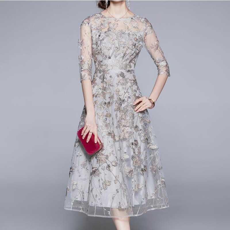 

ZAWFL Fashion Runway Summer Midi Dress Women Short sleeve Gorgeous Mesh Flower Embroidery A Line Elegant Party Dresses 210525, Picture color