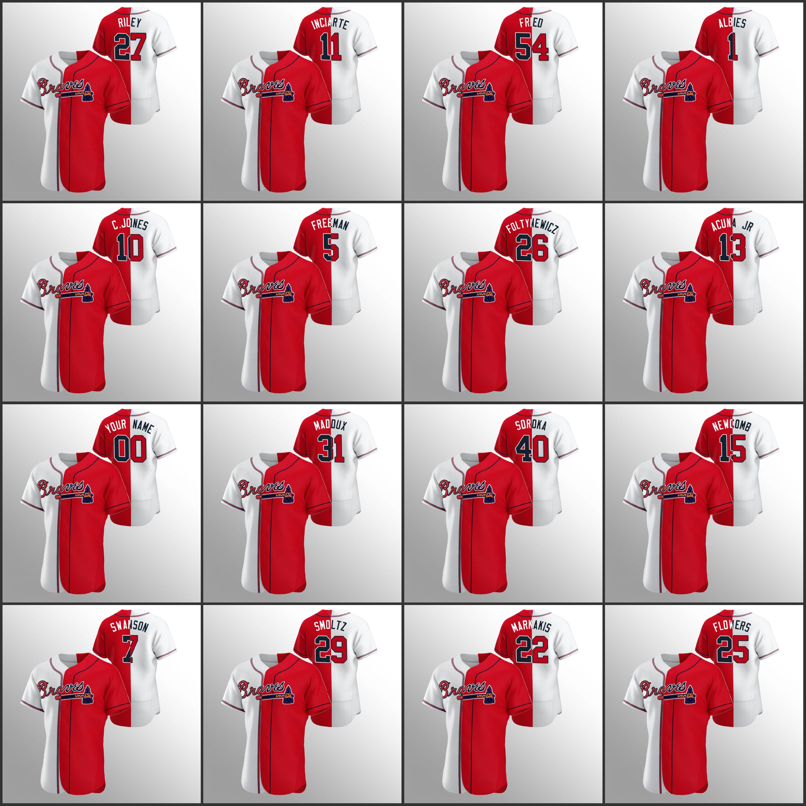

AtlantaBraves Men #27 Austin Riley 13 Ronald Acuna Jr. 5 Freddie Freeman 10 Chipper Jones Women Youth Custom White Red Color Split Jersey