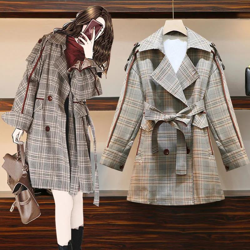 

Women's Trench Coats Plus Size Fashion Women Coat 2022 Spring Autumn Outerwear Retro Plaid Blazer Vintage Loose Windbreaker Female, Lattice