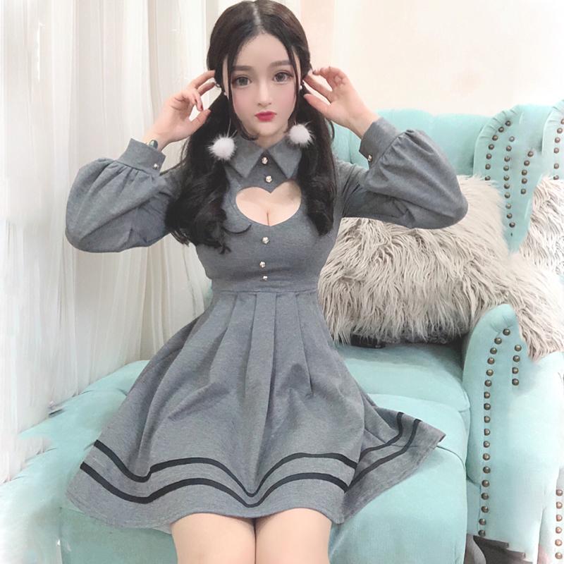 

Casual Dresses Women Sweet Heart Hollow Out Sexy Chest Japanese Cute Long Sleeve Slim Spring A-line Soft Sister Young Girl Vestidos, Black