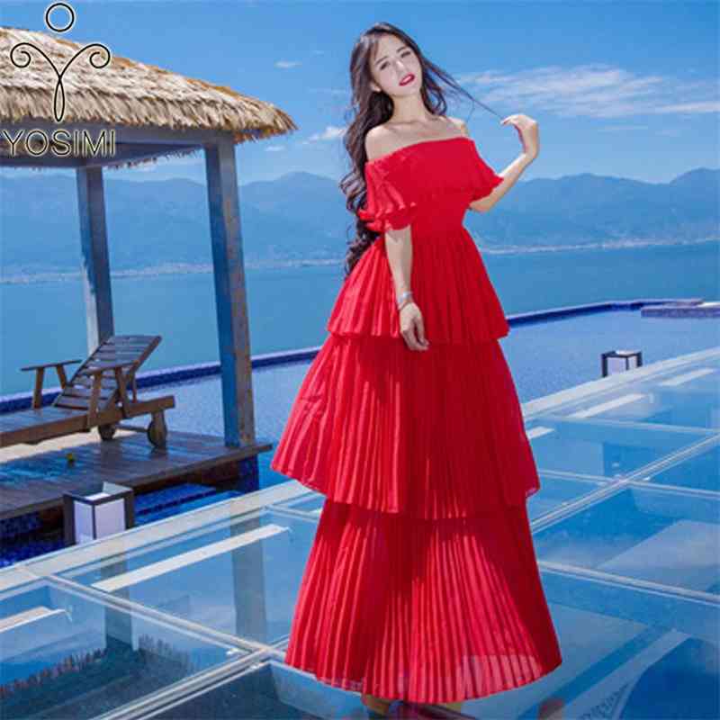 

YOSIMI Red Chiffon Long Woman Dress Elegant Summer Maxi White Tunic Bohemian Beach Pleated Off The Shoulder Cupcake 210604