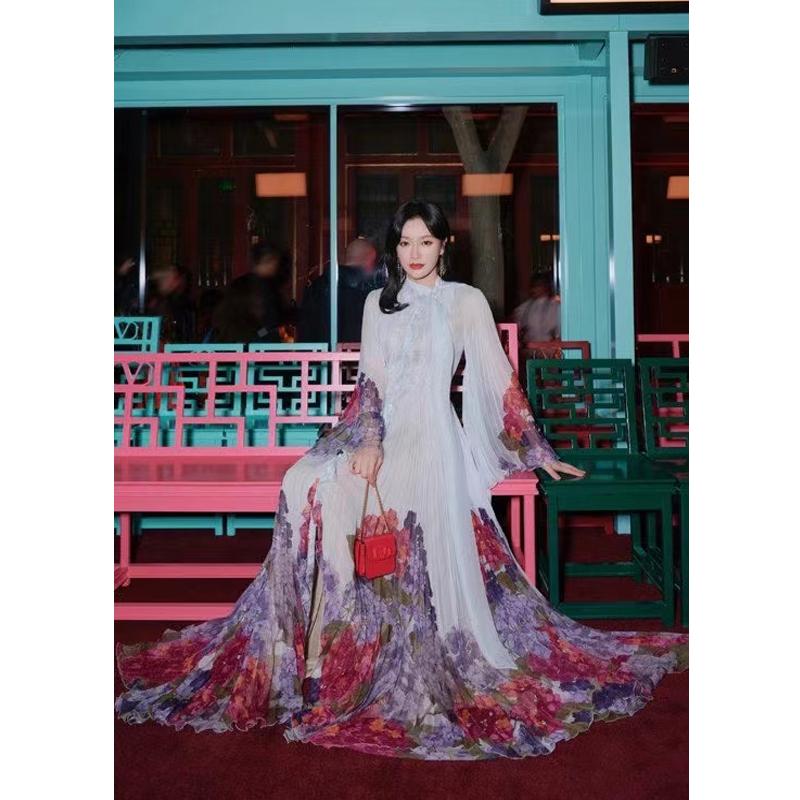 

Casual Dresses 2021 Designer Summer Vingate Bow Edible Tree Dress Fashion Runway Blue Flower Print Women, As pic